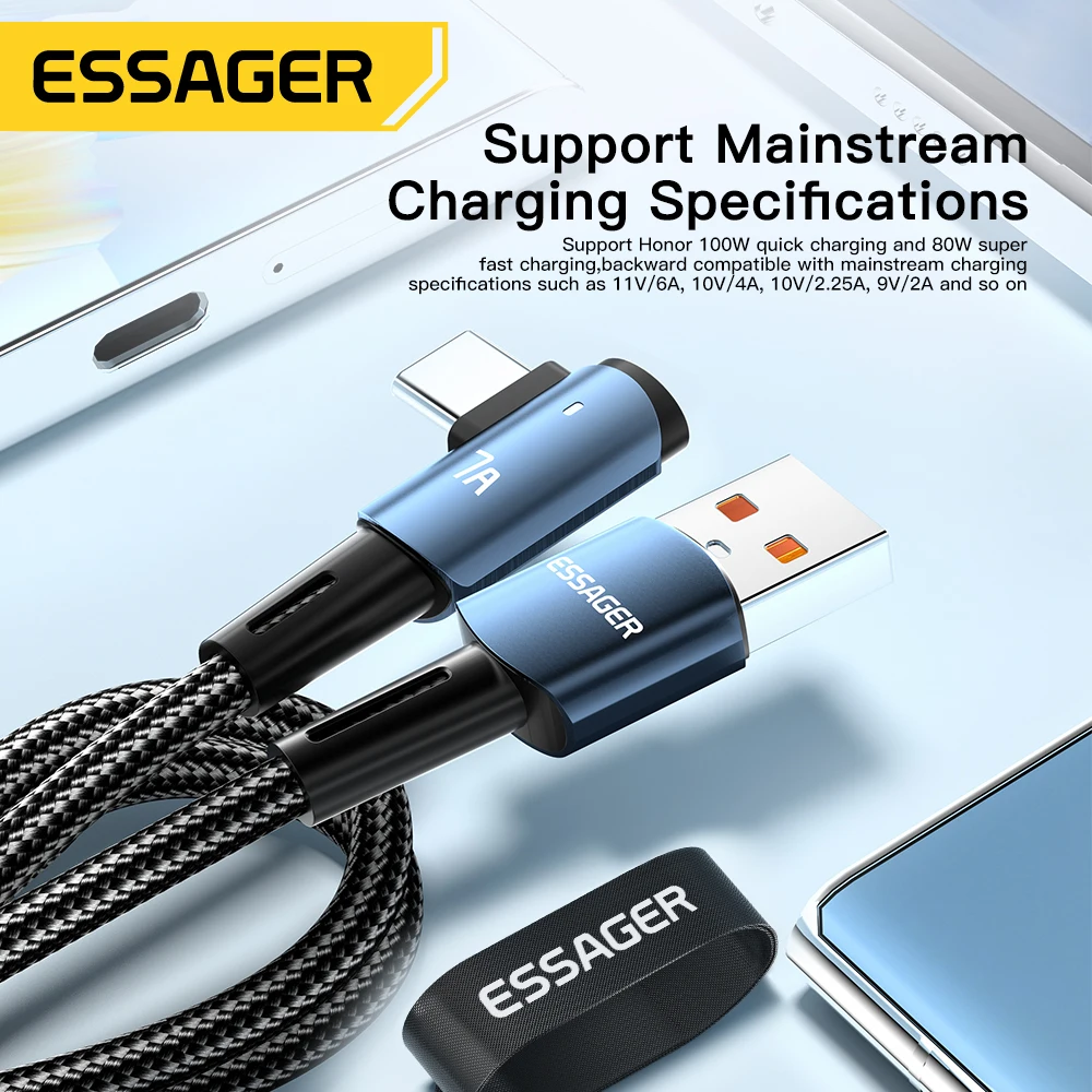 Essager 7A USB C Cable For OPPO 100W Fast Charging Cord For Honor Huawei P40 Oneplus Realme 90 Degree Mobile Phone Charging Cord