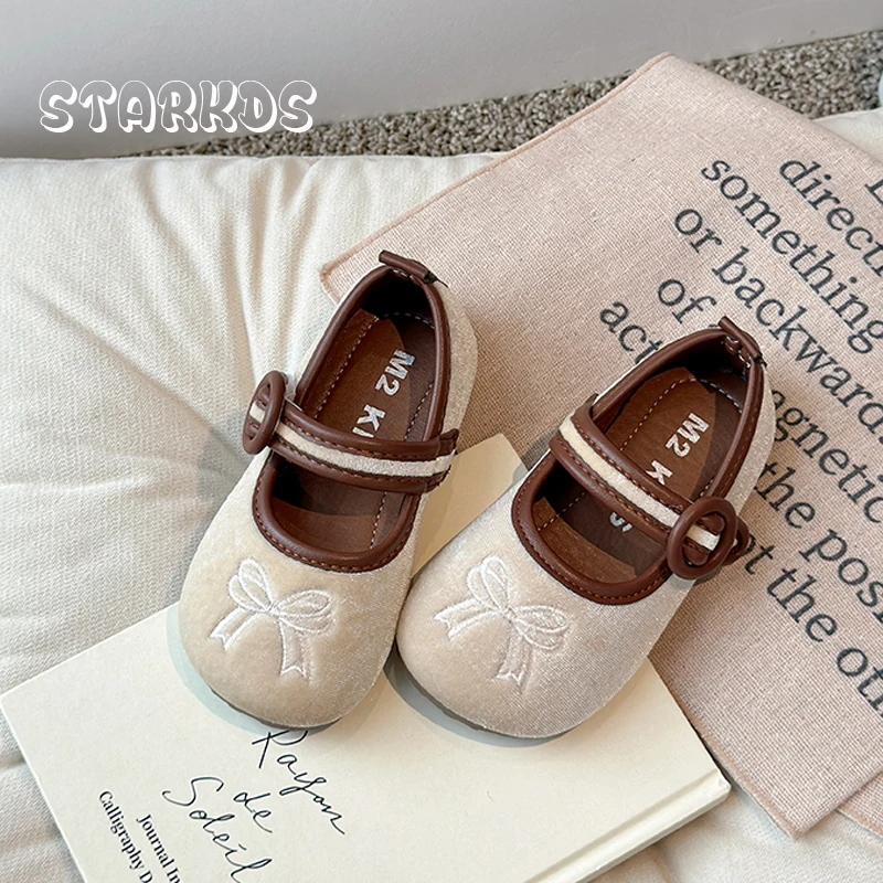 Chic Bowknot Embroidery Shoes Kids Girls Vintage Velour Ballet Flats Baby Child Soft Sole Brand Design Velvet Mary Jane Zapatos