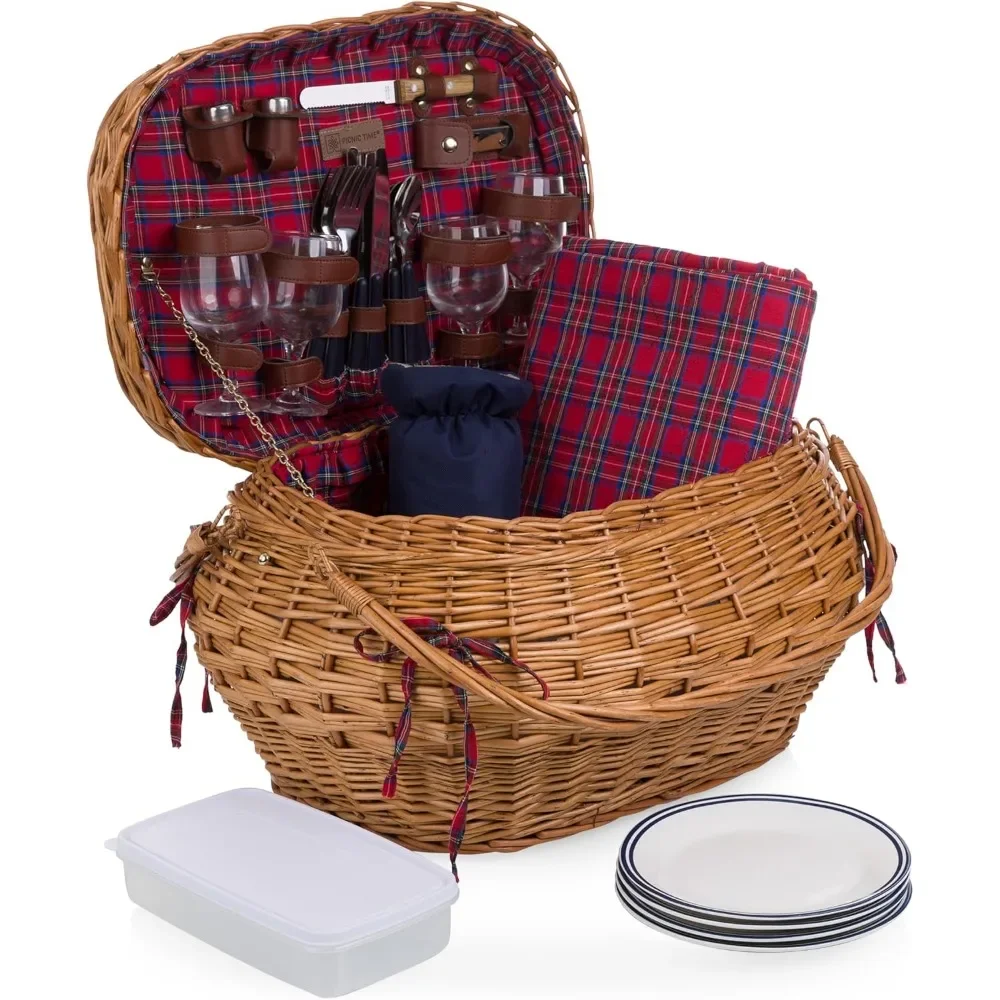 

Highlander Deluxe Wicker Picnic Basket for 4 - Red & Blue Tartan with Blanket & Wine Bag