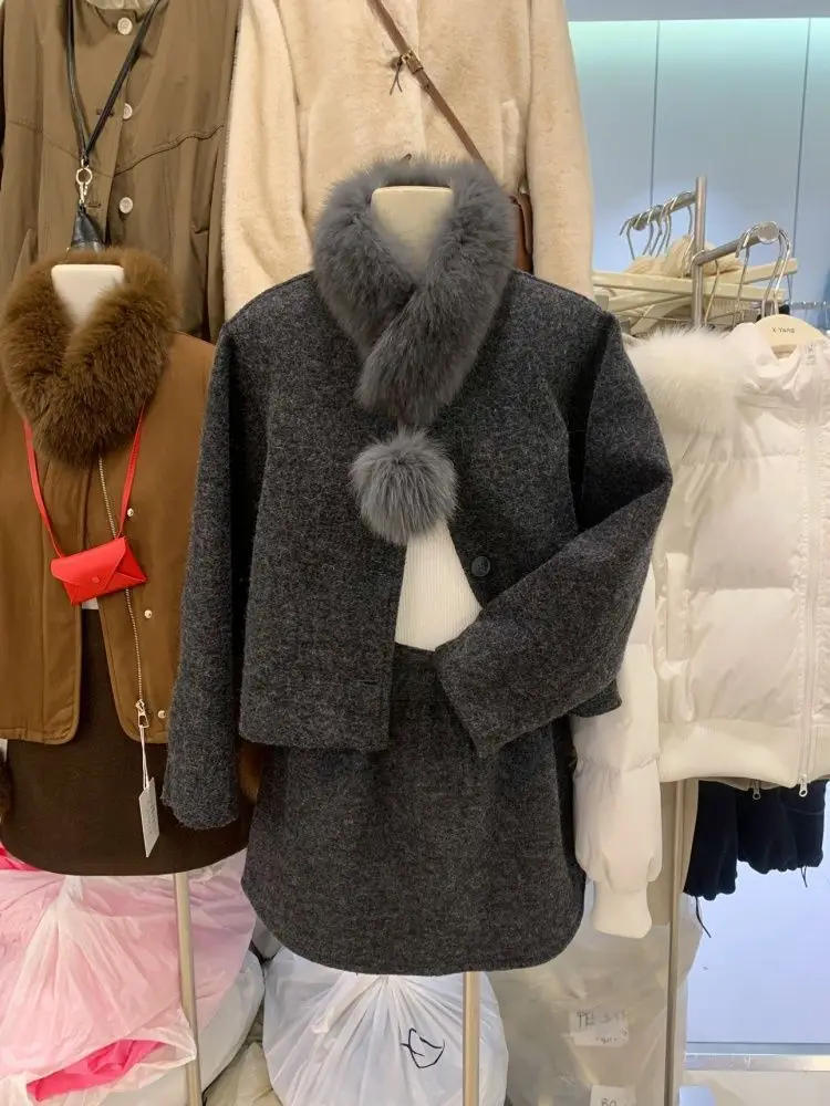 Winter New Imitation Fox Fur Collar Down Liner Jacket A Word Short Skirt Suit Women