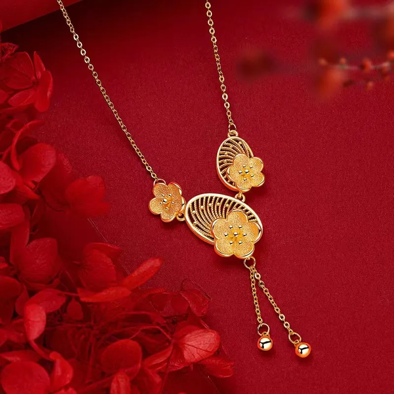 

Gold 24K plum blossom necklace womens temperament clavicle chain 999 flower pendant set chain integrated chain jewelry AU750