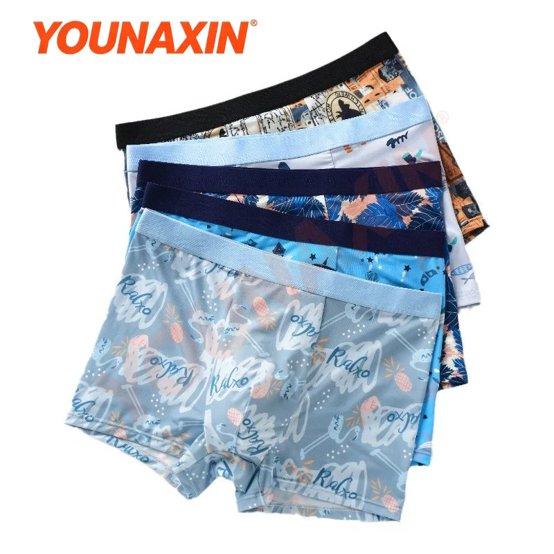 5 Pcs Men Printed Boxer Shorts Ice silk Underwear Underwear Cool Plus Size Loose Panties Random Colors L XL 2XL 3XL 4XL 5XL 6XL