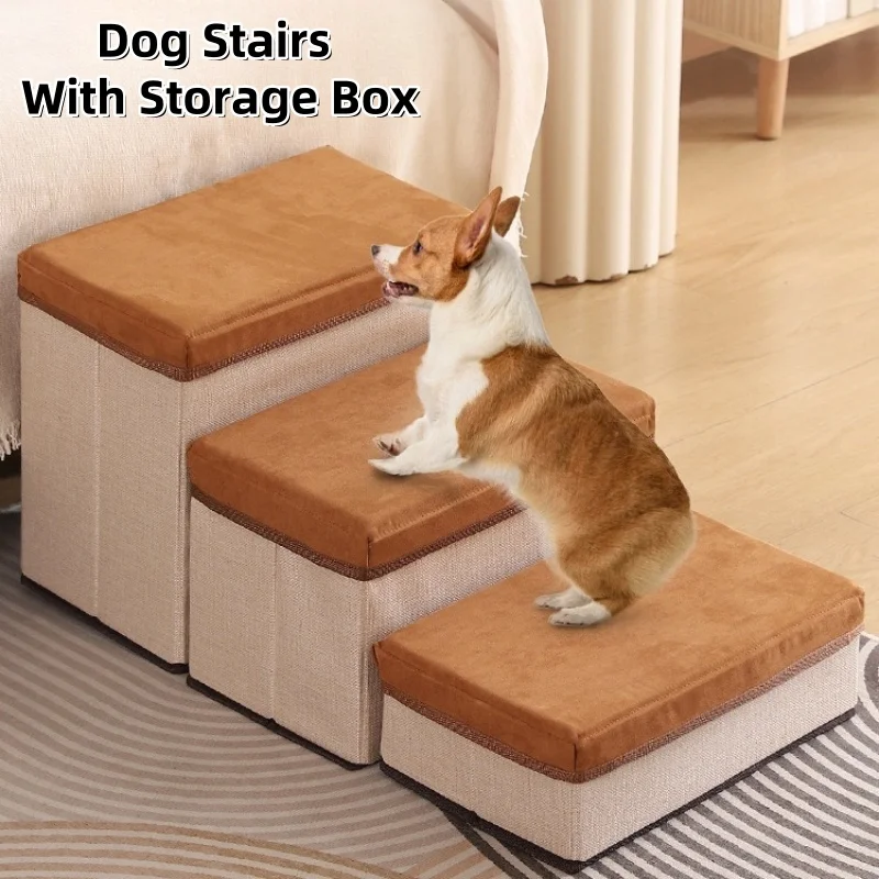 

3 Layers Dog Stairs With Storage Box Dog Stairs Anti-slip Removable Pet Stairs Foldable Dog Ramp Steps Dogs Bed Stairs