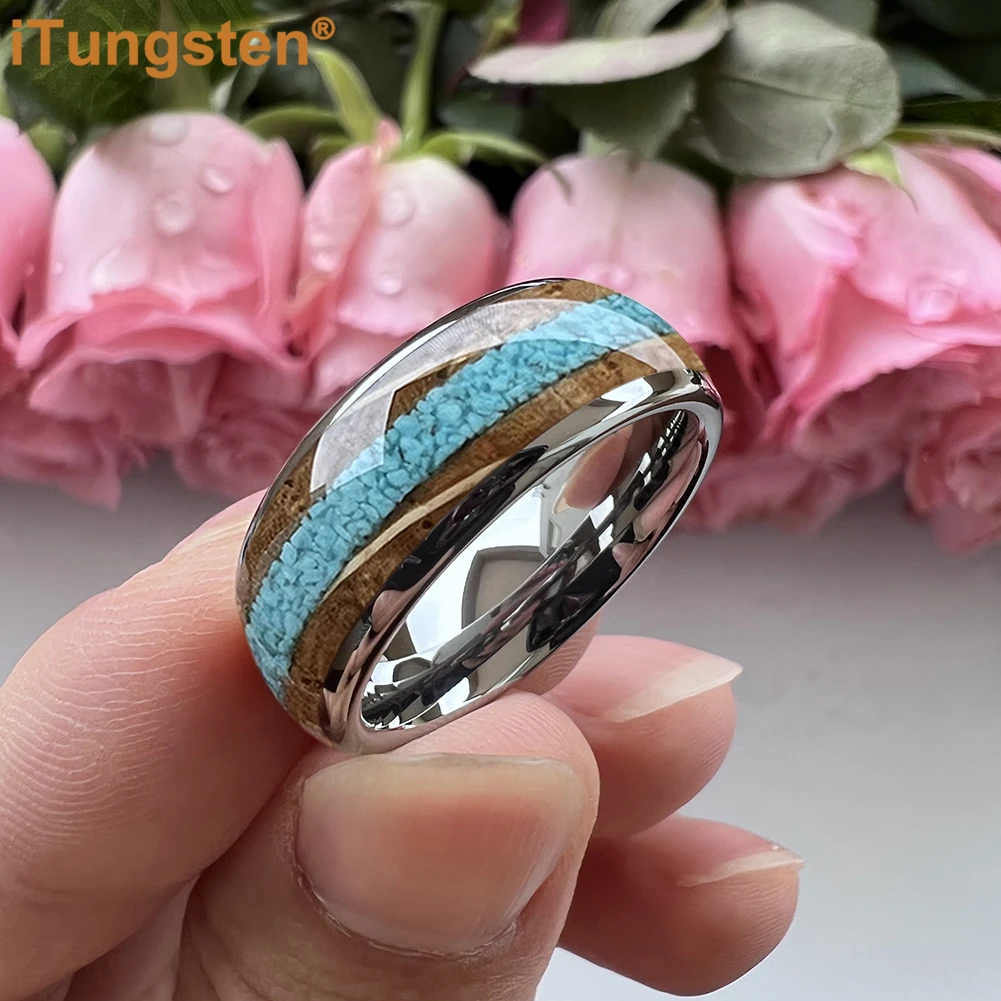 iTungsten 8mm Men Women Tungsten Engagement Wedding Band Ring Turquoise Whisky Wood Inlay 4 Colors For Your Choice New Arrivals