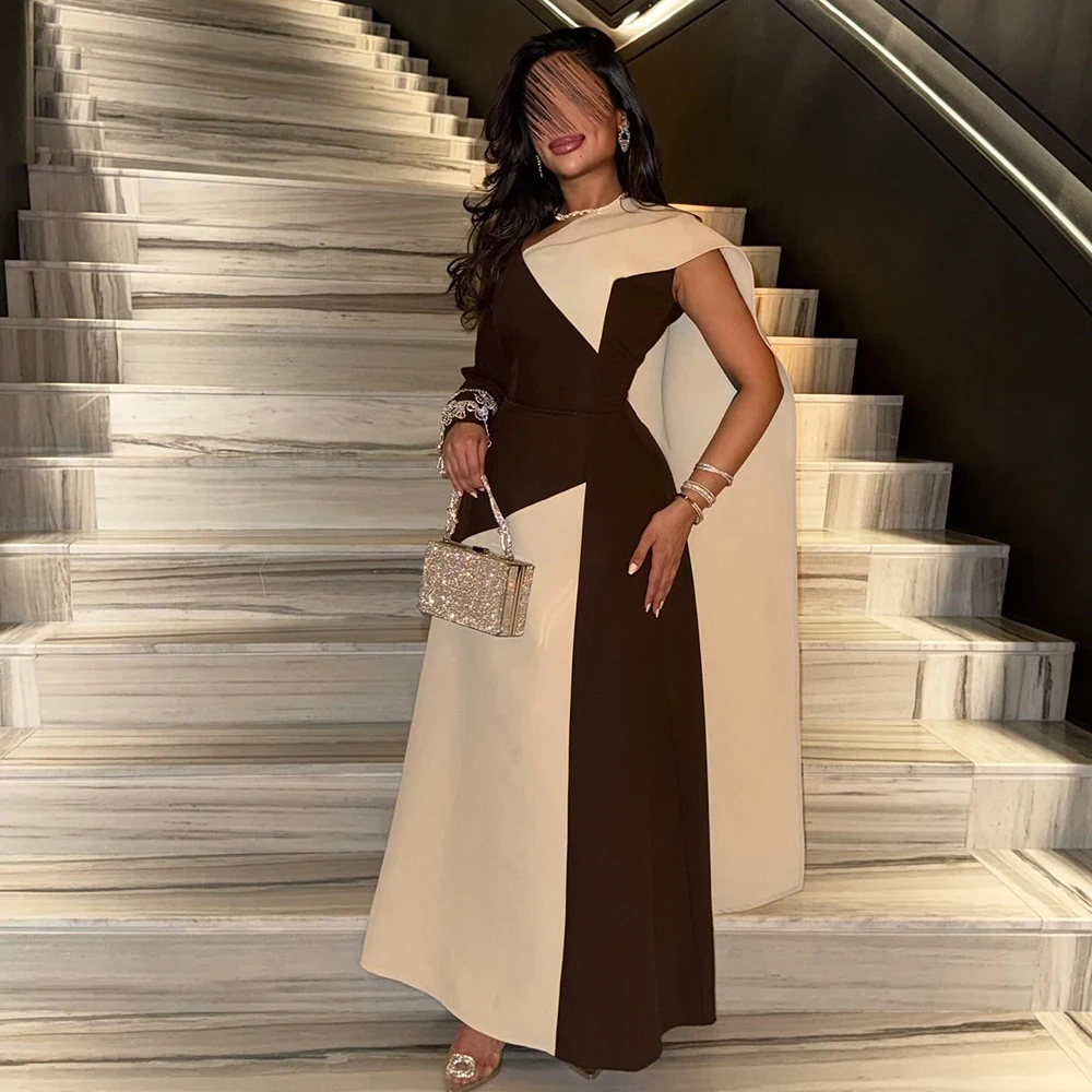 

Customized Simple V-neck A-line Jersey Evening Dress Full Sleeves Contrast Color Party Dress Sweep Train Ankle Length Prom Gown