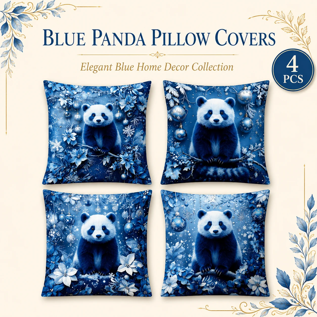 

Cute Blue Panda Cushion Covers 2D Flat Printed Peach Skin Set Of 4 Christmas Coussin Throw Pillow Case Room Decor Winter Art