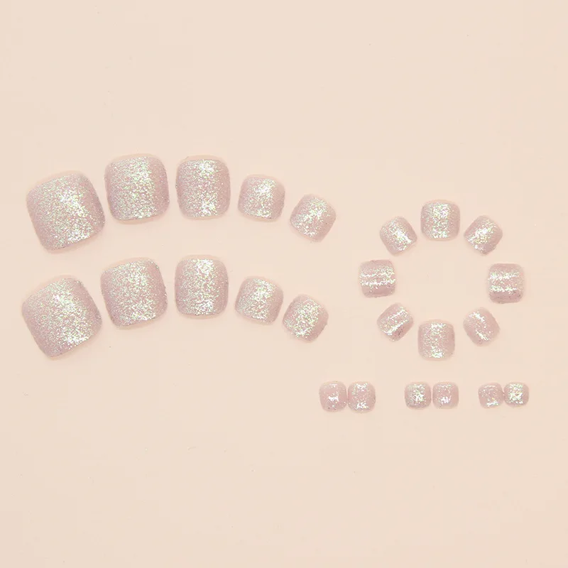 Short Square Fake Nails for Toe Purple Pink Beige Colors with Sparkling Glitters Spring Summer Season Press On False Toenail
