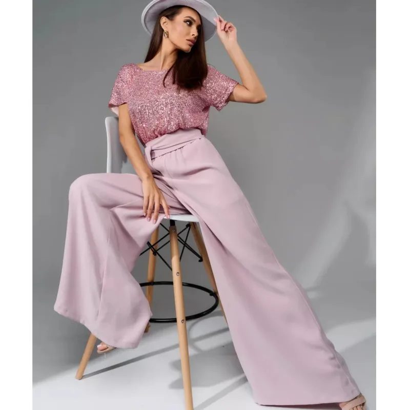 Women's Fashion Sequin Patchwork Jumpsuits 2025 New Casual O-Neck Tie High Waist Jumpsuit Elegant Short Sleeve Jumpsuit