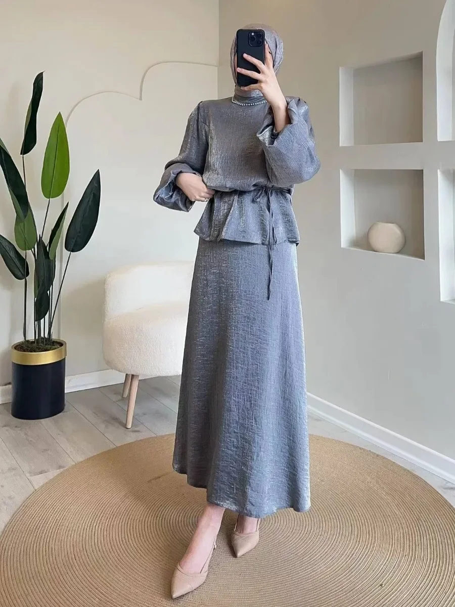 

Eid Muslim Shirt Skirt 2 Piece Set Women Lace-up Long Skirts Blouse Vestidos Party Caftan Jalabiya Ramadan Dubai Arab Robe 2025