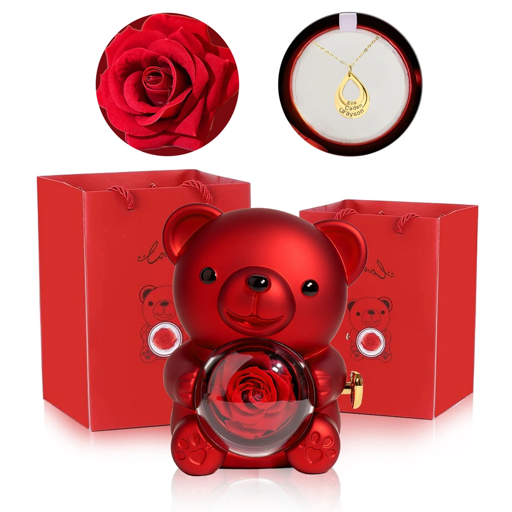 Engraved necklace Cute teddy bear with timeless rose gift for Valentine's Day, Mother's Day, wedding anniversary gift