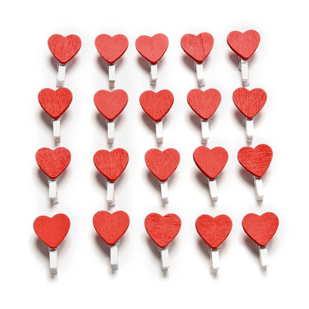 20 Pcs Stylish Wooden Red Love Heart Pegs Photo Paper Clips Wedding Decor Craft
