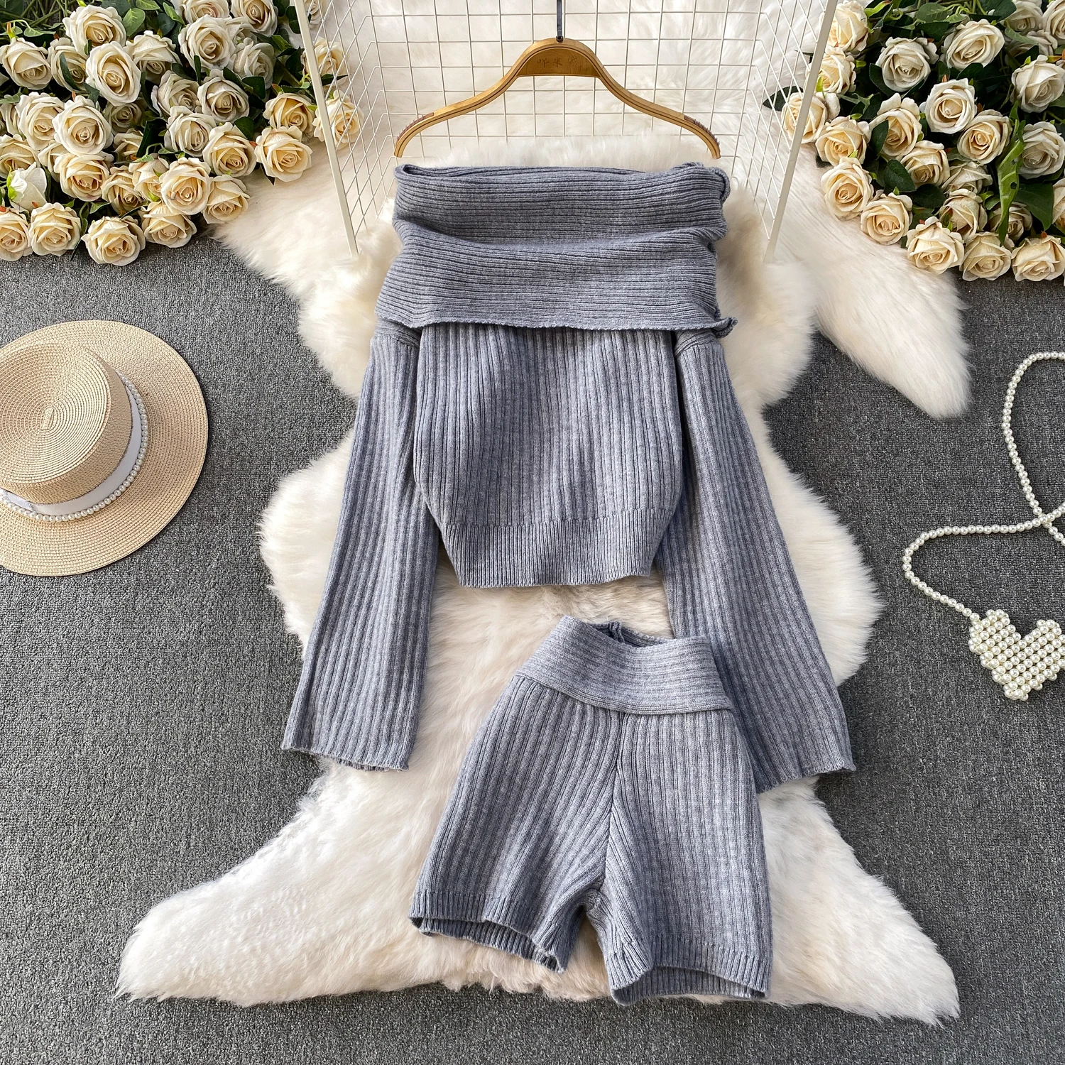 

ALPHALMODA 2025, Chic Off-shoulder, Knit Sweater, High Waist, Slim, Hip Lifting, Shorts, Casual, Autumn Winter, Two-piece Set