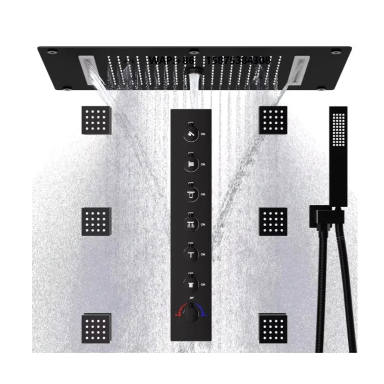 Luxurious Brass Matte Black Rainfall Massage Shower System with Rain Body Jet  6-Function Thermostatic Shower Set