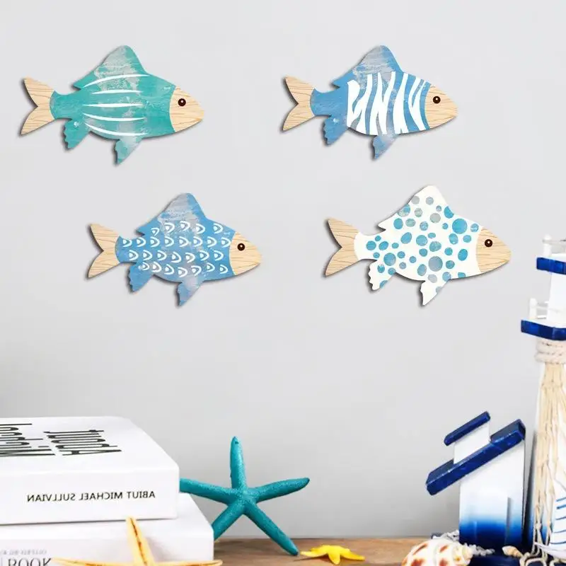 2D Wooden Fish Nautical Walls Beach Art Walls Hang Decorated Marine Style Wood Wall Hanging Sculpture For Home Room Decoration