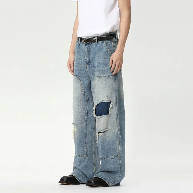 Men's Street Style Personalized Whitening Deconstruction Whitening Holes Fashionable Jeans Straight Loose