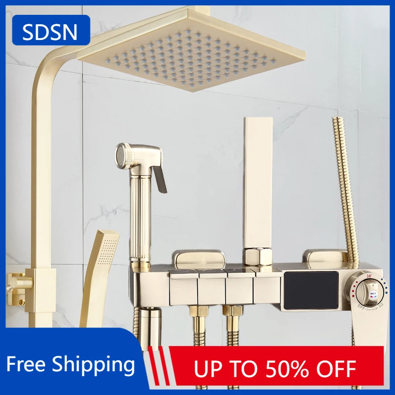 

Brushed Gold Thermostatic Digital Bathroom Shower Set 9 Inch Rain Shower Head Hot Cold Bath Faucets Digital Display Shower Set