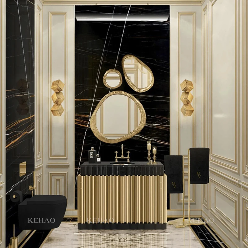 Customized Italian design Bathroom Cabinet With Sink Stainless Steel Black Marble Top Small Size Washbasin
