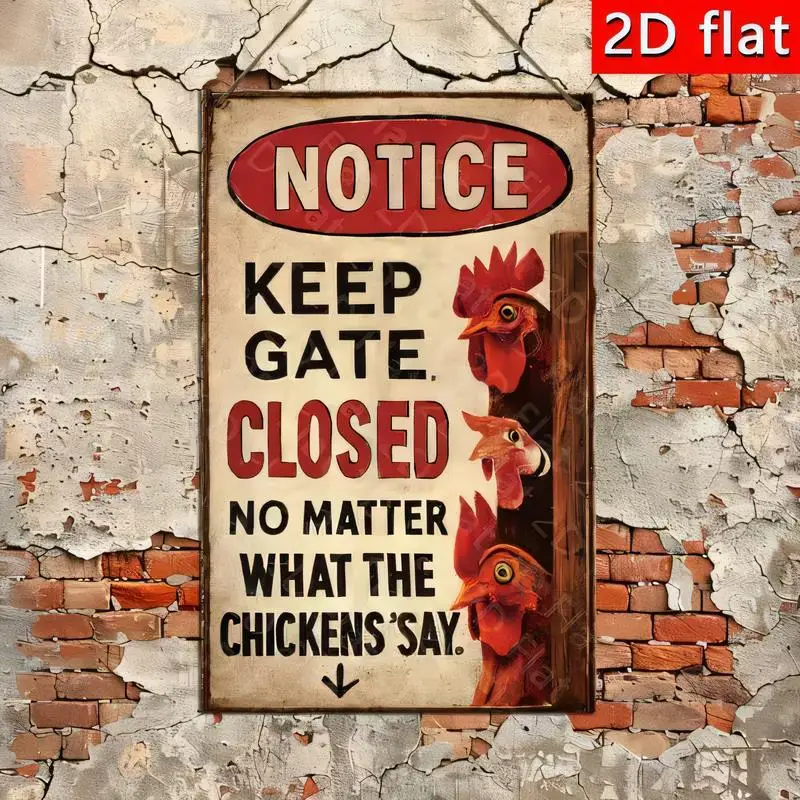 Keep Gate Closed Chicken Rooster Vintage Metal Sign - Rustic Iron Wall Art, Retro Design, Perfect for Farmhouse Barn Backyard De