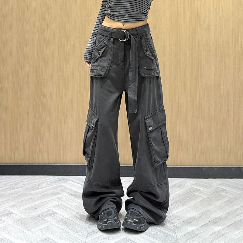 

2025 summer new niche street versatile multi-pocket women's casual straight-leg pants loose and thin wide-leg pants