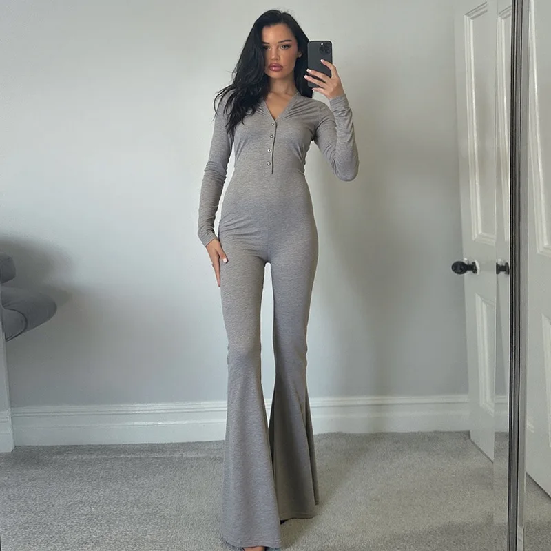 

2025 Autumn Women Slim Casual Flare Jumpsuits V Neck Long Sleeve Buttons Peach Hips Skinny Boot Cut One Piece Overalls Romper