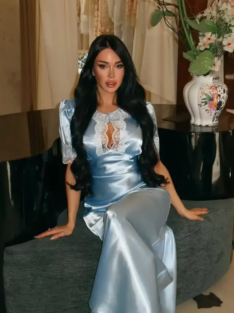 

Light Blue Satin Lace Trim Maxi Dress Women Keyhole Neck Puff Sleeve Fitted Waist 2026 Lady Fashion Summer Party Evening Gown