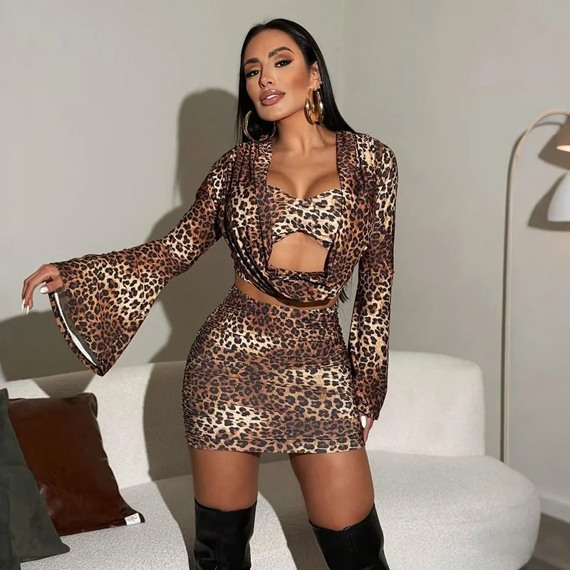 

Whatiwear Wild Leopard Print 2 Piece Set Women Trend Swing Collar Hollow Bell Sleeve Crop Top+Peach Hip Skirt Sexy Streetwear