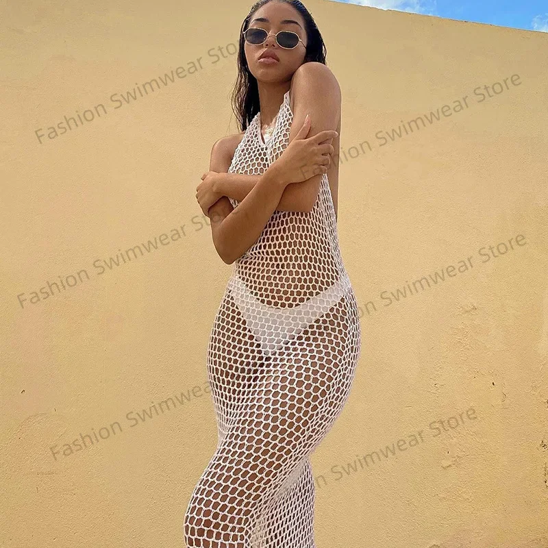 2025 مثير شبكة الرسن الرقبة الجانب سبليت فستان الشاطئ بيكيني الاخفاء الكروشيه تونك الصيف النساء الملابس بحر التستر