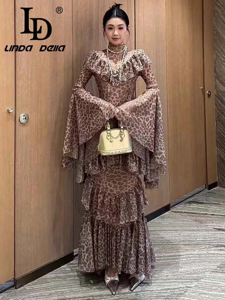 LD LINDA DELL Mangas trompete com estampa de leopardo e pregas em camadas, bordas de fungo preto, mangas compridas, vestido fashion slim fit