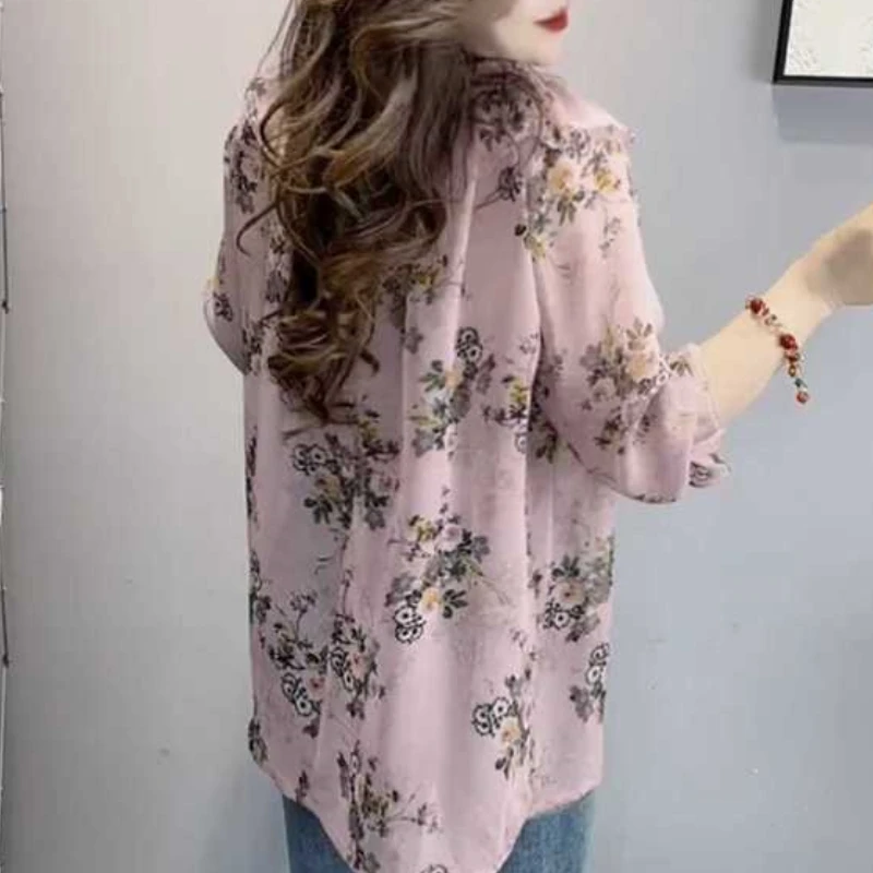 2024 New Summer Commuter Elegant and Fashionable Chiffon Pullovers Half Sleeves Loose Print Panel Mid Length Women\'s Shirt Top