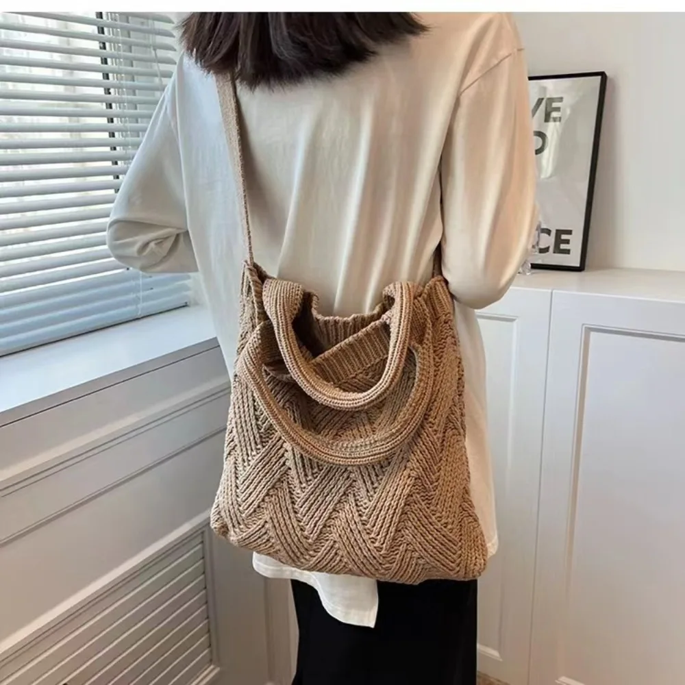 Retro Women Crochet Shoulder Bags Fashionable Dacron Soft Knitting Designer Luxury Handbag Large Capacity Purses Girls Tote Bag