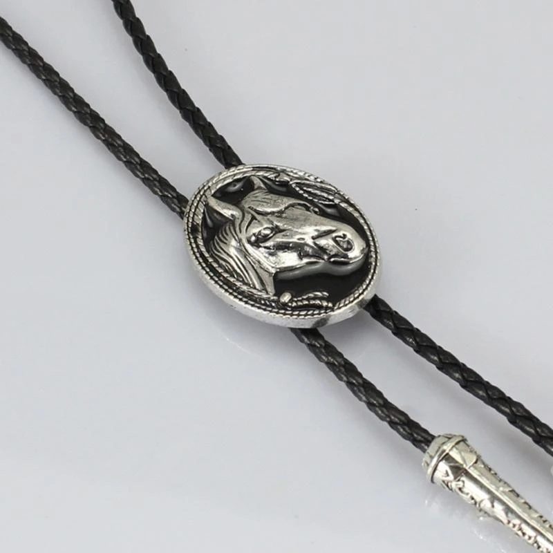 Western Cowboy Bolo Necktie with Alloy Horse Head Buckle Vintage Tie for Men