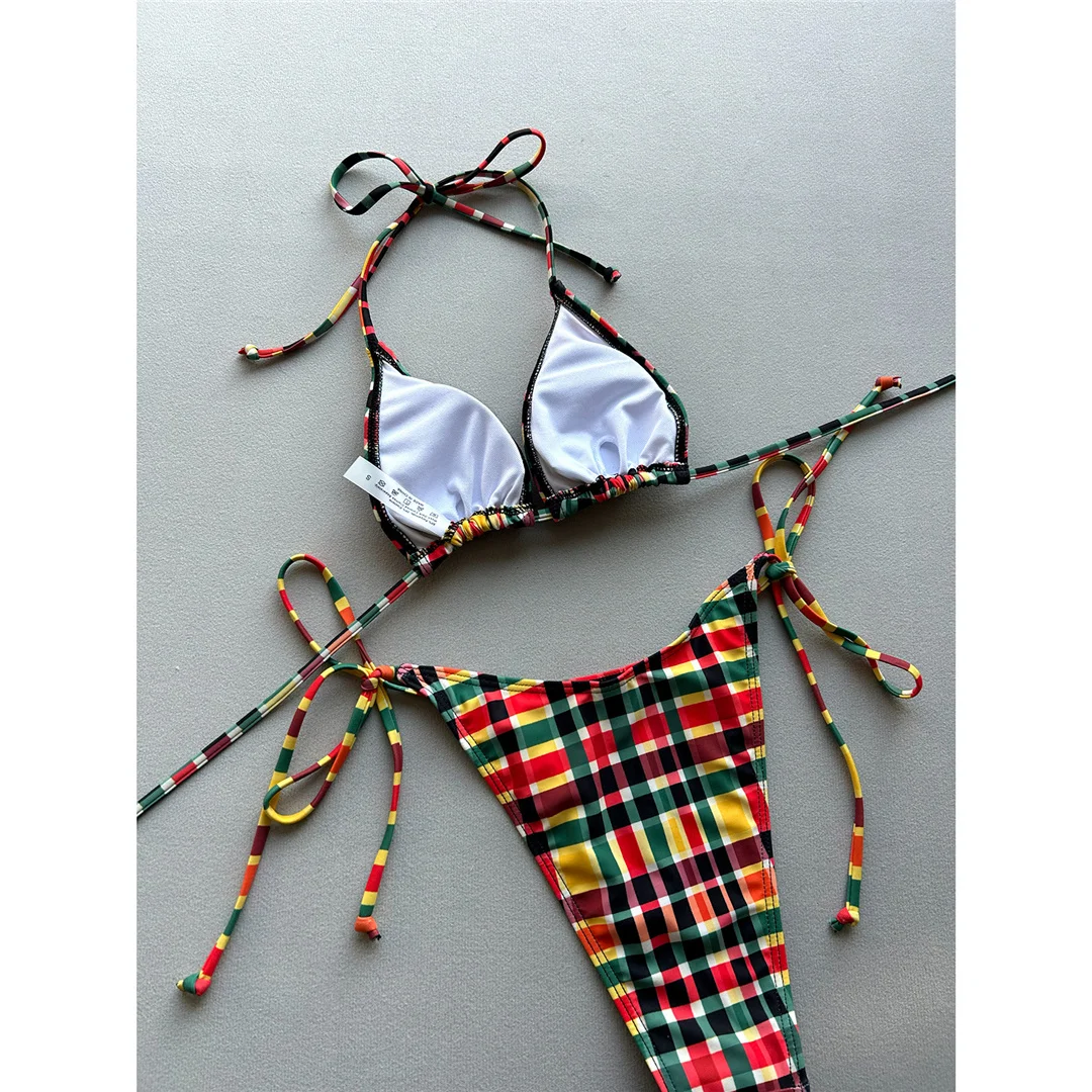 Sexy kariertes Neckholder-Bikini-Badeanzug-Set für Damen, zweiteiliger Bikini mit hohem Beinausschnitt und Polsterung, Badebekleidung V7930 – Detail 5
