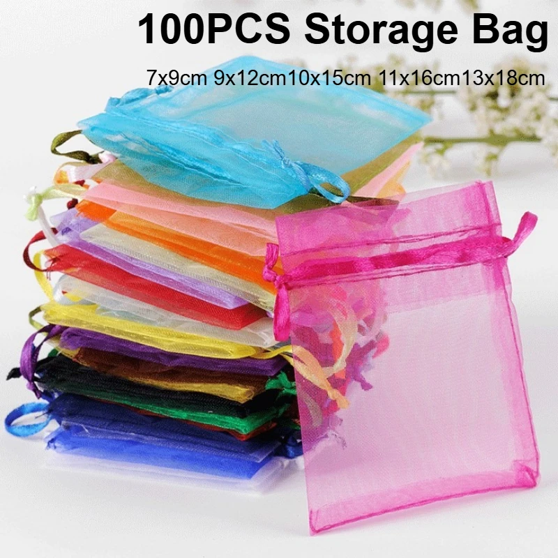 

100PCS Adjustable Organza Home Storage Bag Jewelry Drawstring Pouches Wedding Birthday Packaging Candy Festive Gift Storage Bag