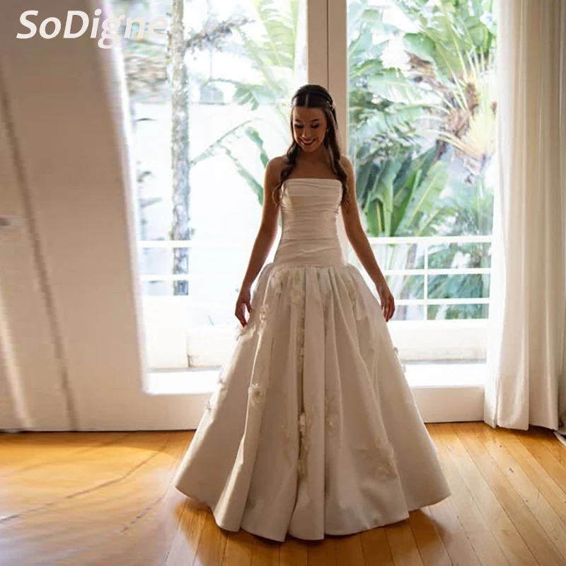 

SoDigne A-line Satin Wedding Dresses Sleeveless Strapless Appliques Bridal Dress 2026 Bride Gown vestidos de novia Customized