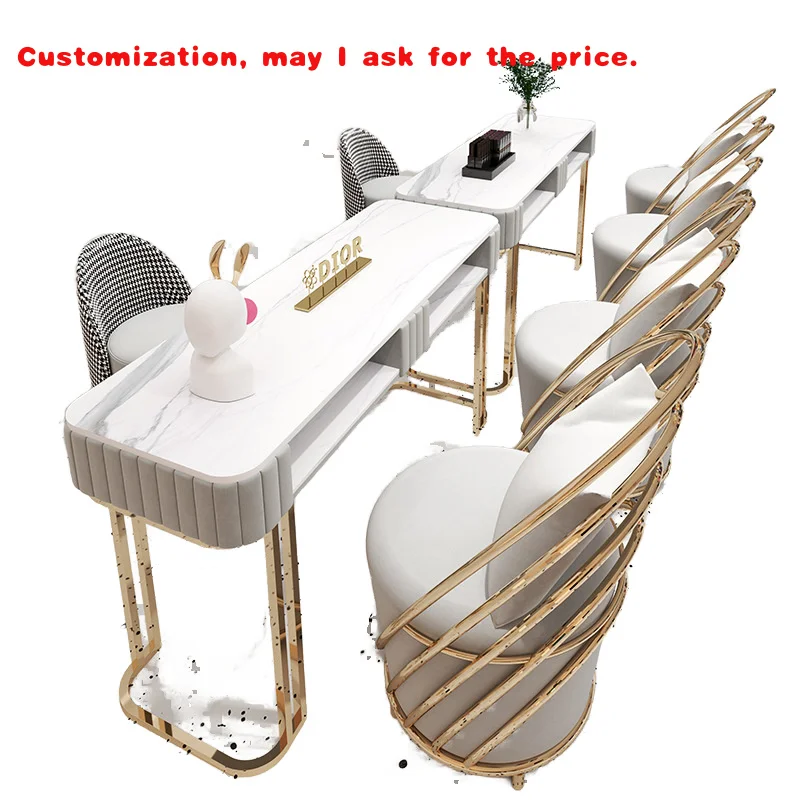 custom.Modern Luxury Metal Nail Art Salon Table and Chair Set with Double Layer Manicure Table Single/Double Table