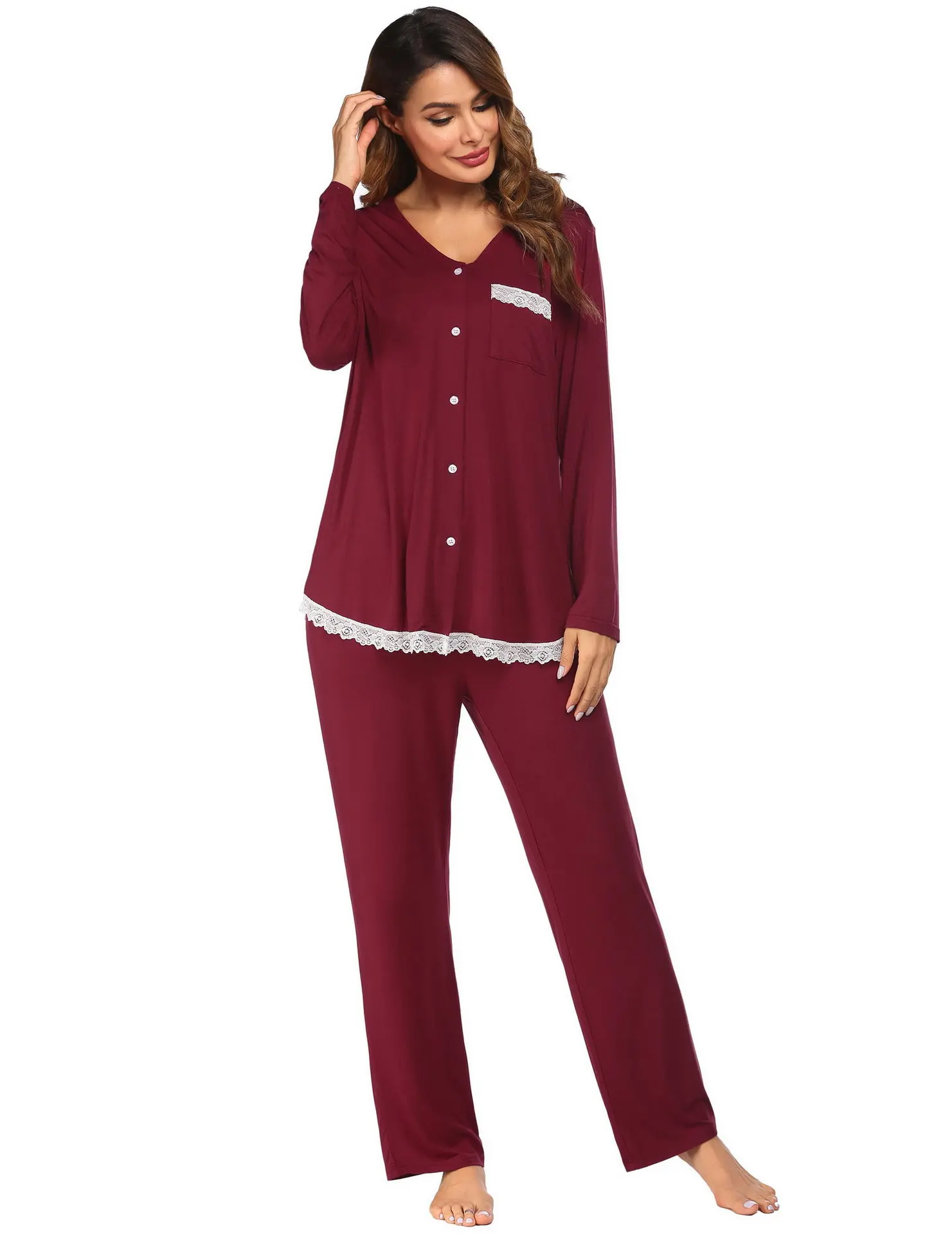 Women\'s Long Sleeved Long Pants Home Sleepwear Lace Patchwork Home Wear Sleepwear Set