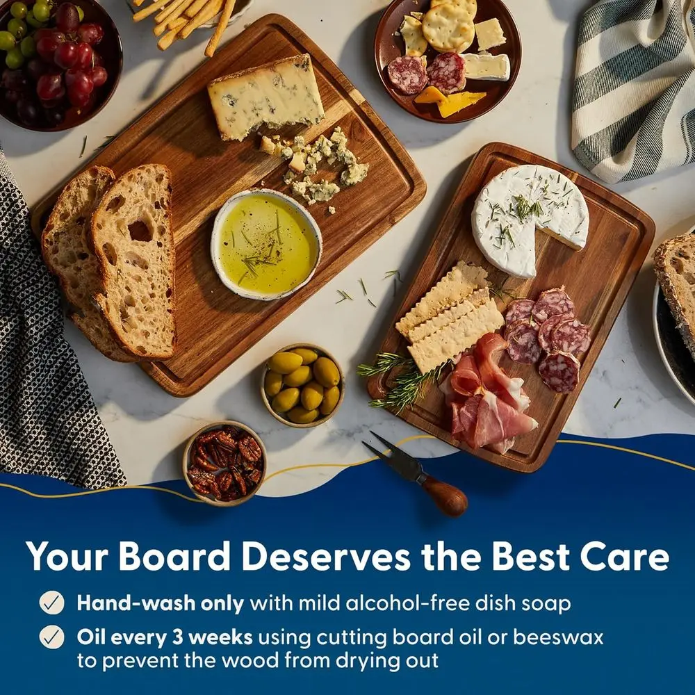 เขียงไม้กระถินคู่ - ขนาดเล็กและกลาง มีร่องสำหรับน้ำผลไม้ บรรจุกล่องของขวัญ ขนาด 14x10x1 นิ้ว และ 12x8x1 นิ้ว เหมาะสำหรับเนื้อสัตว์และผัก