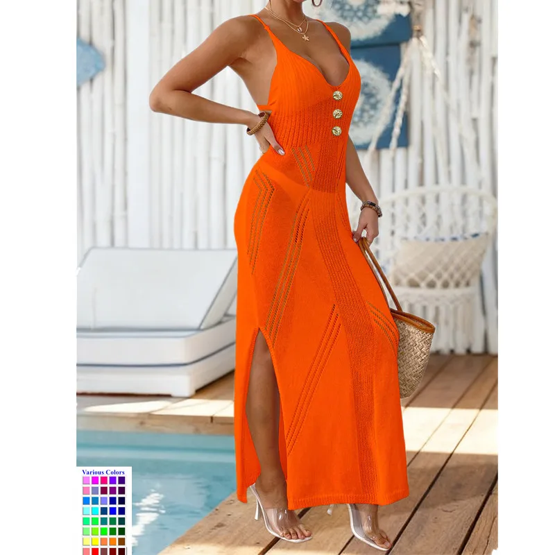 Moda vestido longo para mulheres roupas de praia vestidos de maiô dividir beachwear sólido laranja preto malha biquíni banho cobrir