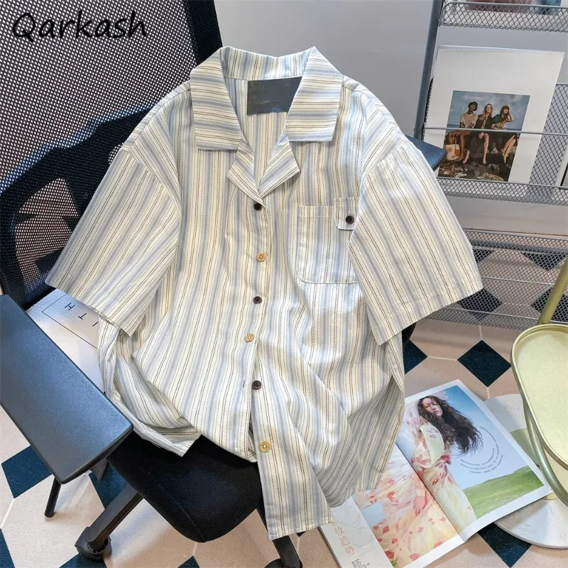 

Vintage Striped Shirts Women BF Style Loose Summer Chic French Streetwear Holiday Unisex Short Sleeve Outerwear Leisure Popular