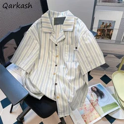 Vintage Striped Shirts Women BF Style Loose Summer Chic French Streetwear Holiday Unisex Short Sleeve Outerwear Leisure Popular