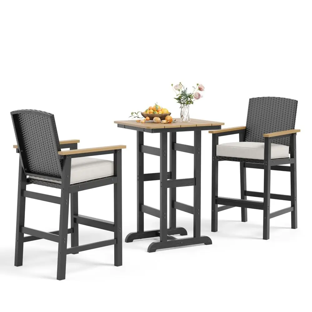 

Outdoor Bar Set 3 Piece, All Weather HDPE High Top Table and Wicker Bar Chairs with 3.2 Cushion, Bar Height Patio Set for Backy