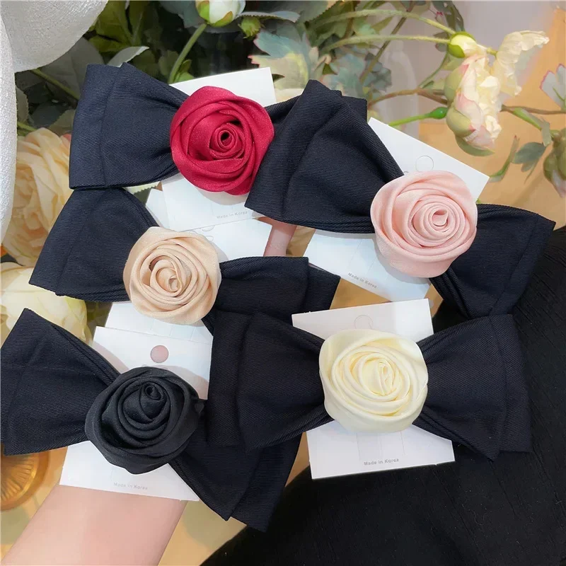 Elegant Ribbon Rose Flower Hair Pins for Women Balck Bow Hair Clips Headwear Korean Fashion Headpiece Ladies Hair Accessory