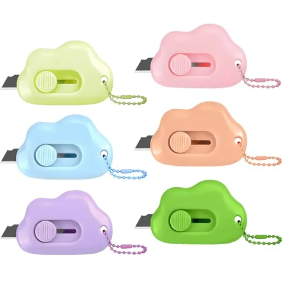 Paquete de 6 Cortadores de Cajas Retráctiles Cloud con Anillos para Llaves - Diseño de Retracción Automática Seguro, Mini Cortador de Papel para Cajas, Paquetes, Correo y Sobres