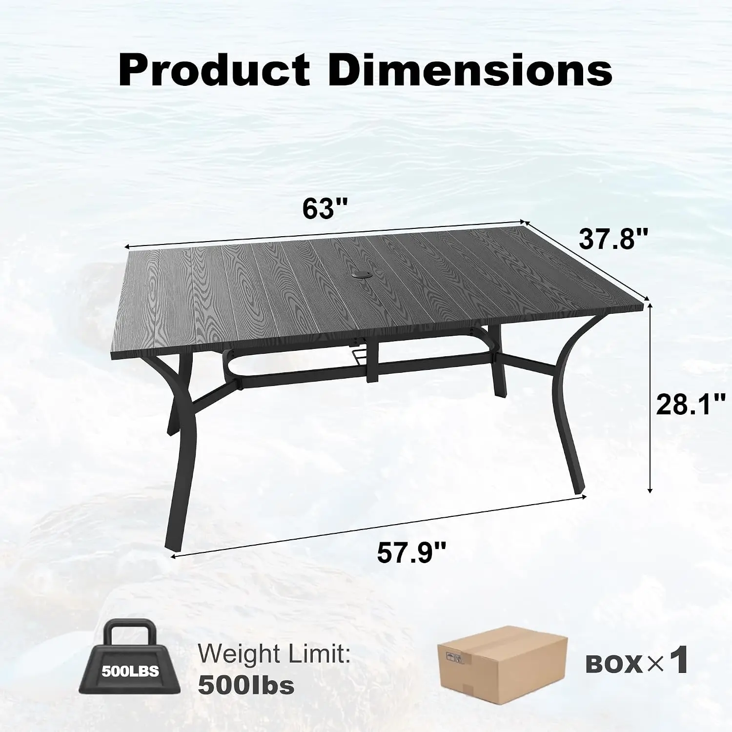 63'' Outdoor Dining Table for 6, Black Metal Patio Table with Umbrella Hole, Anti-Rust Waterproof Square Table, Customized