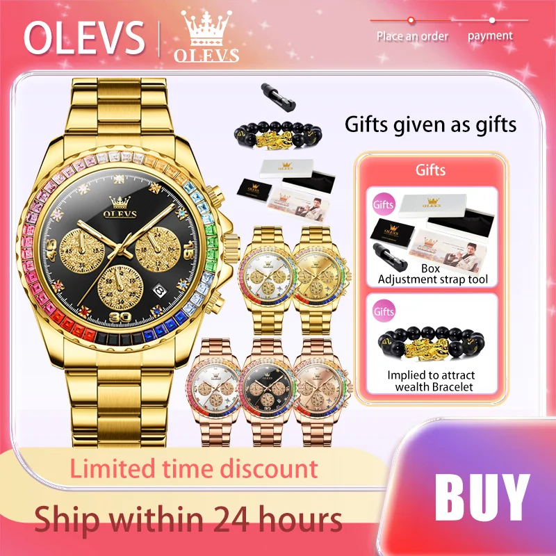 

OLEVS Original Men Watch Rainbow Diamond Ring Dial Waterproof Quartz Watch for Man Skeleton Luxury Calendar High End Wristwatch