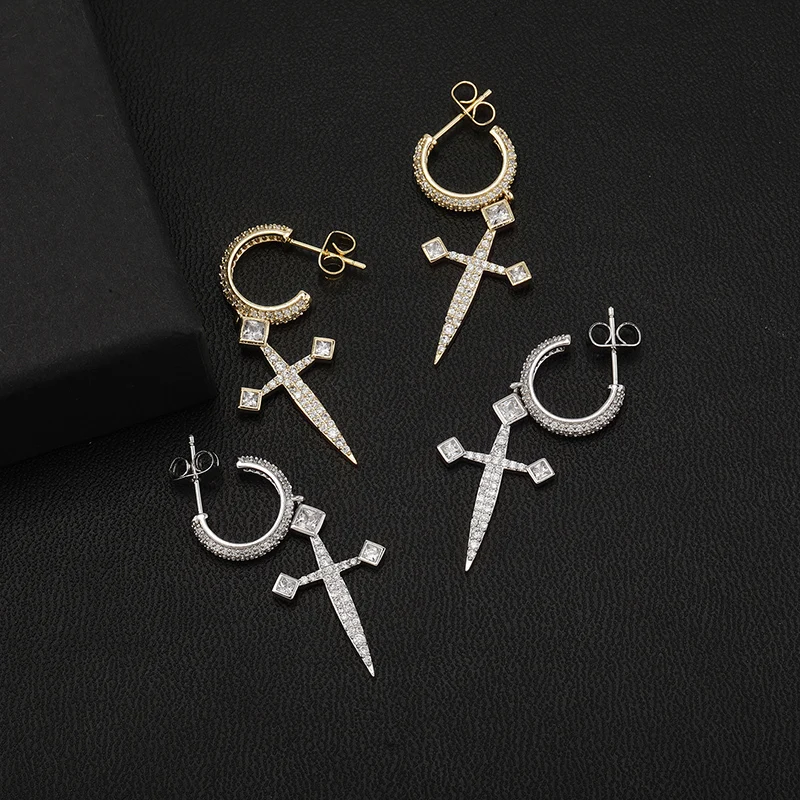 Hip Hop 3A+ CZ Stone Paved Bling Ice Out Sword Cross Drop Earrings for Men Women Unisex Rapper Jewelry Drop Shipping