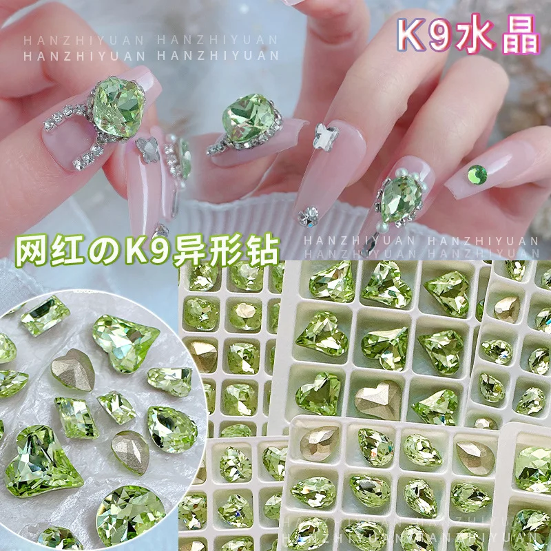 

10Pcs/bag Crystal Glass Heart Butterfly Nail Diamond Stone Strass Light green Pointback Luxury Irregular Rhinestones Gems