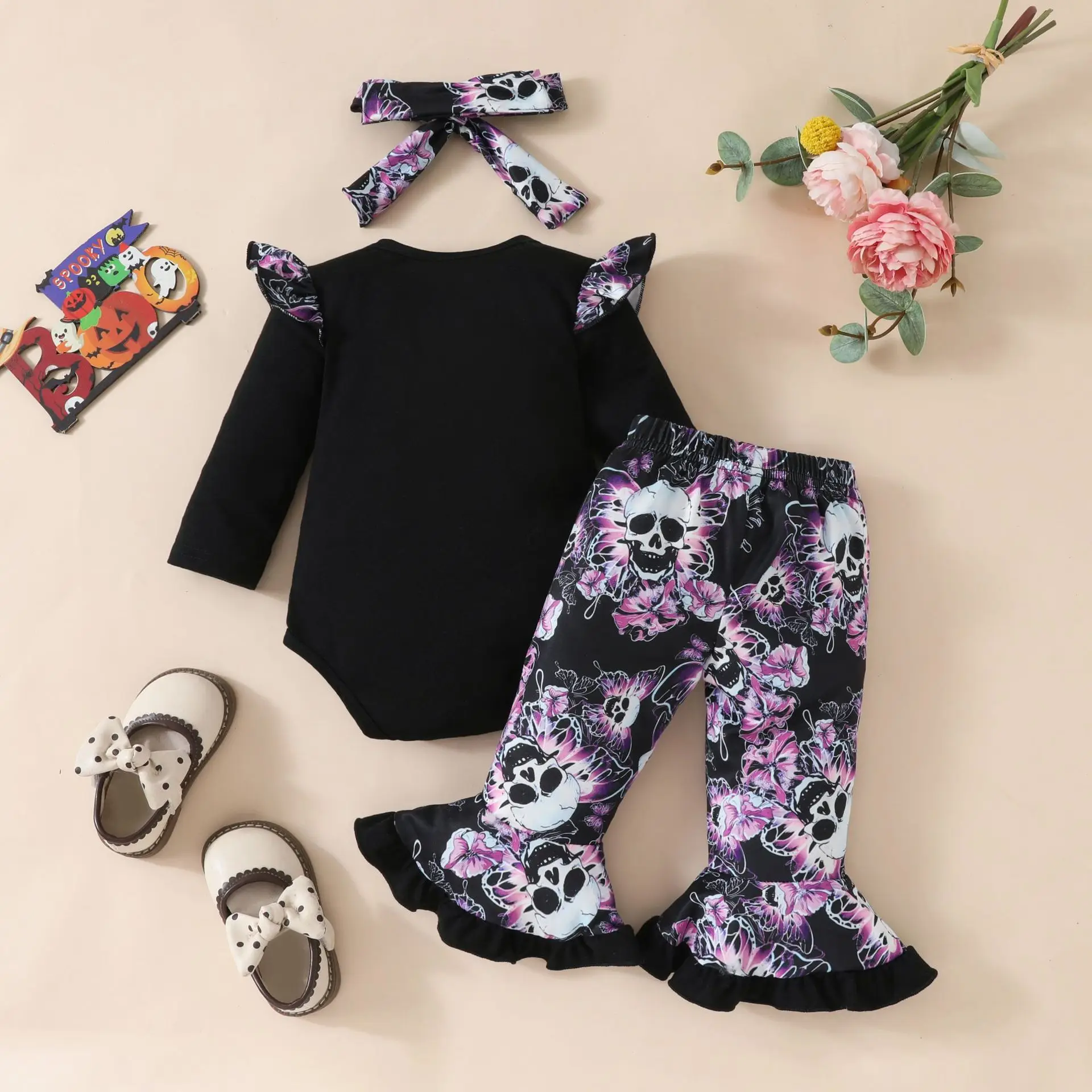 Baby Halloween Triangle Climbing Suit +  Flared Pants + Headband Set Girl Fashion Printed Skull Butterfly Letter Clothing Trend