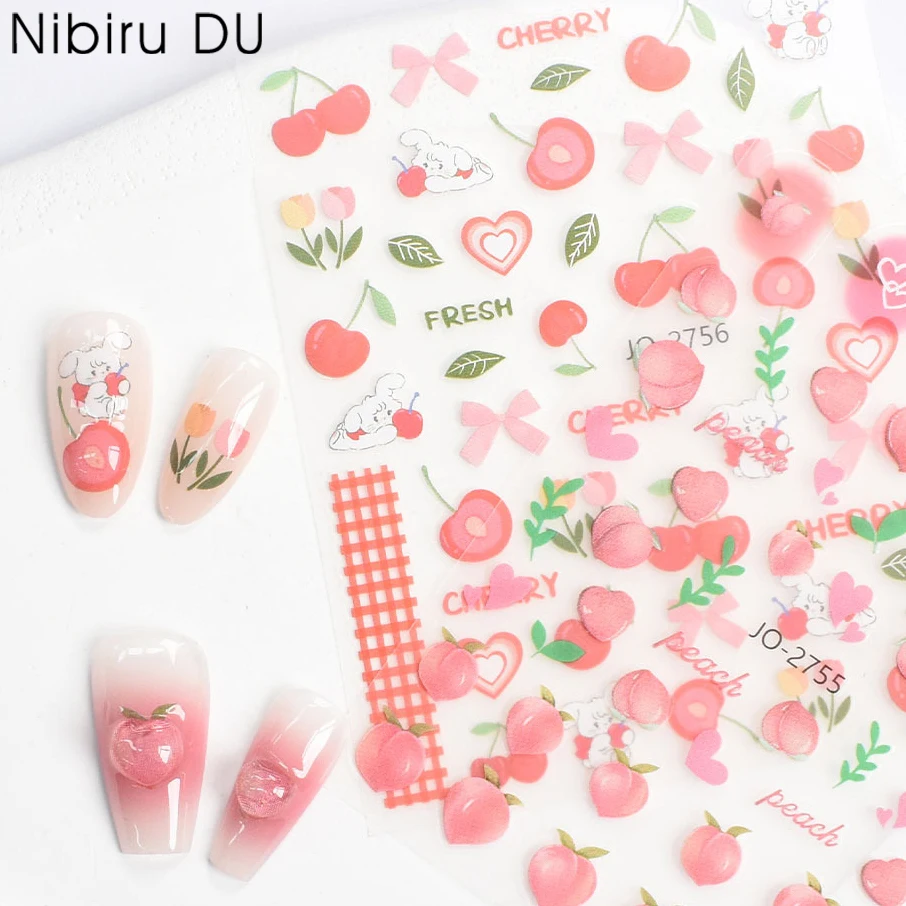

Fresh Sweet Fruits Strawberry Cherry Bowknot Love Heart Lemon 5D Nail Art Stickers Self Adhesive Decorations Nail Manicure Decal