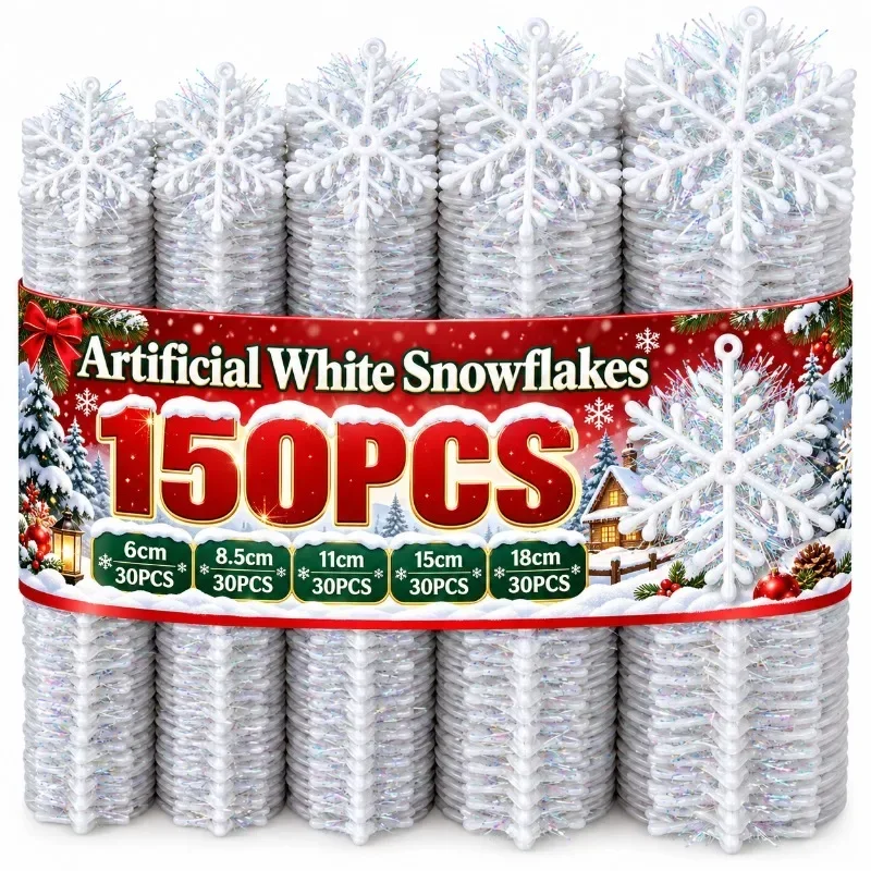 30/150PCS Fake White Snow Flakes Plastic Glitter Hanging Pendants Christmas Xmas Tree New Year Winter Party DIY Home Ornaments